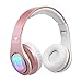 Bluetooth Headphones Over Ear, Ifecco Light Up Foldable Bluetooth Stereo Headphone Over Ear with 3.5mm Audio Cable and Mic Support FM Radio and TF Card Compatible with Bluetooth Devices (Rose Gold)