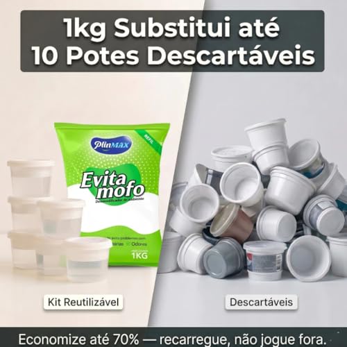 Kit Antimofo Evita Mofo Antiumidade | Refil 1Kg + 5 Potes Reutilizáveis para Guarda-roupas e Gavetas