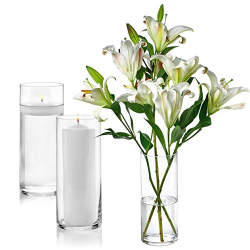 Set of 3 Glass Cylinder Vases 10 Inch Tall Multiuse Pillar Candle