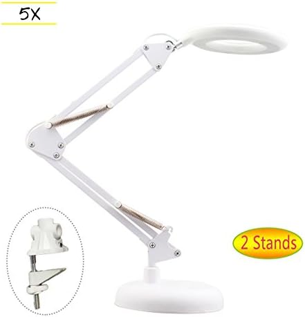 Magnifying Lamp LED Lights Foldable Positioning Arms Weighted Base 5X Magnification and Adjustable Brightness
