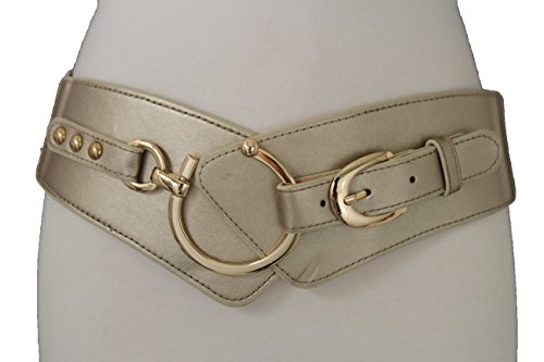 TFJ Women Fashion Elastic Belt Hip High Waist Gold Hook Buckle S M Champagne