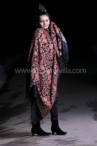 Kashmirvilla Coal Black Color Aari Work Embroidered Jamawar Shawl Enriched Designer Chinar Jaal Pattern
