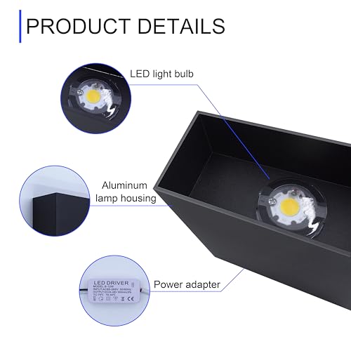 KICAAO LED Wall Sconces Set of Two, 12W Modern Wall Light, Hardwired Aluminum Wall Lamp,Black Up Down Wall Mount Lights for Living Room Hallway Bedroom Decor