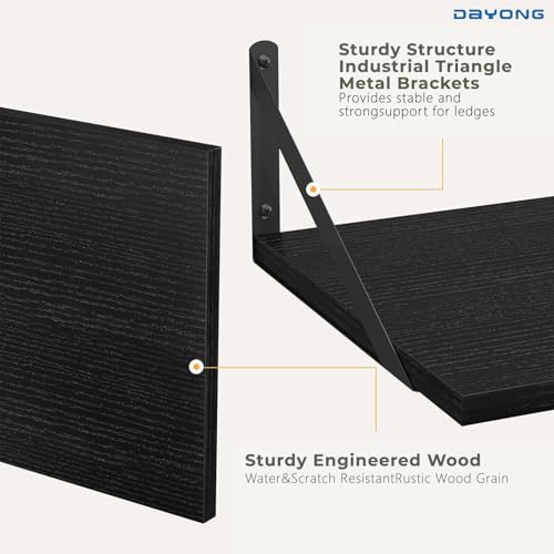 DAYONG Deep Wall Mounted Floating Shelf, 16W x 12D Rustic Wood Floating Shelves with Metal Brackets, Set of 2 Hanging Shelf for Kitchen, Living Room, Bathroom and Bedroom Decor (Black)