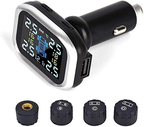ZEJUN101 Tire Pressure Monitoring System Wireless TPMS Monitor with 4 External Sensors Cigarette Lighter Plug Adjustable Display Angle