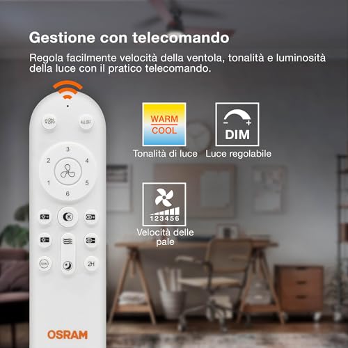 OSRAM Coromuel LED Ceiling Fan 1065mm 60W CCT 3000/4000/6500K 2600LM 115° Beam Angle 50,000 H Lifespan Dimmable Remote Control Included