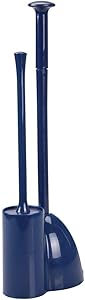 mDesign Modern Slim Compact Freestanding Plastic Toilet Bowl Brush Cleaner and Plunger Combo Set Kit with Holder Caddy for Bathroom Storage and Organization - Covered Lid Brush - Navy Blue