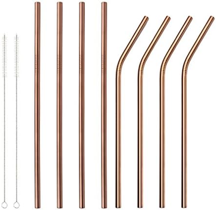 YEKA Stainless Steel Straws Set of 8,8.5” Long, 0.24" Wide,Metal Drinking Straws for 20 30 oz Tumblers,(4 Straight + 4 Bent + 2 Brushes),Color Rose Gold