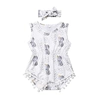 LXXIASHI Infant Baby Girls Floral Pompom Tassels Romper Bodysuit Sleeveless Jumpsuit Outfit with Headband Summer Clothes (Elephant-Stars, 6-12 Months)