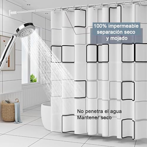 PANGP Cortina de Ducha para Baño, 180 * 200cm Cortinas de Regadera Impermeable de Patrón Cuadrado Grande con Ganchos, Cortina de PEVA Antimoho, Antibacteriano, para Duchas de Baño y Bañeras