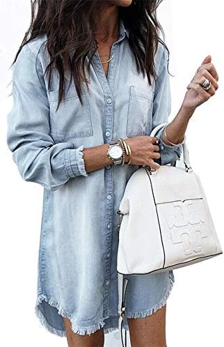 Women's Loose Denim Blouse Mini Dress Button Down Lapel Short Sleeve T-Shirt Dress Tops with Pockets