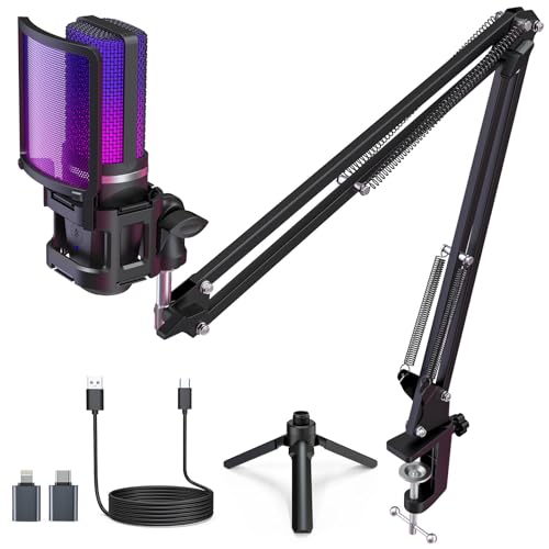zealsound USB Gaming Microphone with Boom Arm & Table Tripod (2 Stands), Plug and Play Podcast Microphone for PC & Mobile Phone, with Tap-to-Mute, Gain Control, Monitoring, for Streaming, Discord, Zoom