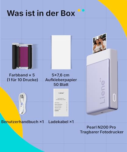 Liene Pearl N200 Pro Portable Mini Photo Printer with Dye Sublimation - Includes 50 Self-Adhesive Photos (2x3") & 5 Ribbons Bluetooth 300dpi Instant Print Printer for iPhone & Android Battery - Purple