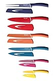 Hecef Colorful Knife Set with Covers,FDA Non-stick Stainless Steel Blade with PP Handle, Includes 8'' Chef, 8'' Slicing, 8'' Bread, 8'' Fork, 5'' Utility and 3.5'' Paring Knife (multi-color)