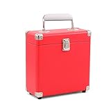 Retround Vintage Vinyl Record Storage, Retro Leather Carrying Case for 25+, 45rpm Records Albums (Dust/Scratch Free)-7Inch (Red)