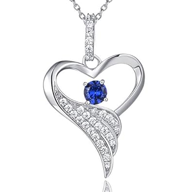 JO WISDOM Damen 3A Zirkonia Engelsflügel Anhänger 925 Silber Herz Kette Inlay Labor schuf Saphir Geburtstag Edelstein