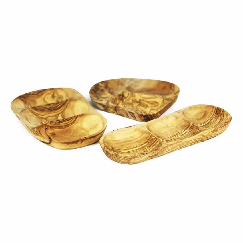 Verano Spanish Ceramics Tunisian Olive Wood Trio Snack Dish - Home Dining Table Kitchen Restaurant Café Bar Appetiser Snack Food Olives Nuts Crisps Serving Sharing Bowl 3 Section Dish - 27cm x 20cm
