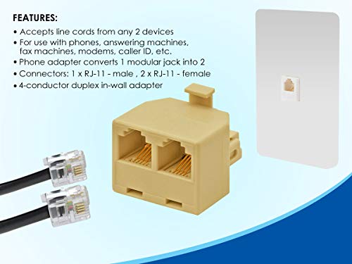 RocketBus RJ11 Plug 1 to 2 Dual Phone Line Splitter Wall Jack Split into Two Modular Converter Adapter for Office Home ADSL DSL Fax Model Cordless Phone System - Thumbnail 5