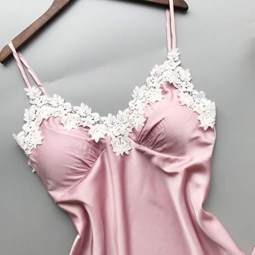Womens Sexy Lingerie Satin Pajamas Cami Shorts Set Nightwear with Lace Trim Pink