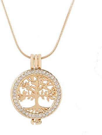 Seni Jewelry Rhinestone Tree of Life Lotus Locket Disc Pendant Necklace Snake Chain Necklace Adjustable Gold Tone