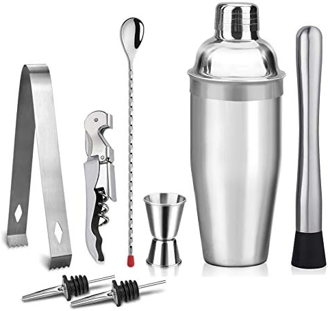 Kalovin 18oz Stainless Steel Cocktail Shaker Bar Set - 8 Piece Set with Martini Shaker, Double Jigger, Bar Spoon, Muddlers, Stainer, Ice Tongs Professional Bar Accessories