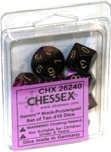 Chessex Dice Sets: Gemini Black & Purple with Gold - Ten Sided Die d10 Set (10)