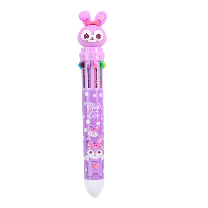 FEIFEI'S BOW Multicolor teddy bear Pens 0.5mm 10-in-1 Retractable Ballpoint Pens 10 Colors Transparent Barrel Ballpoint Pen for Office Supplies and kids school (Purple Rabbit)