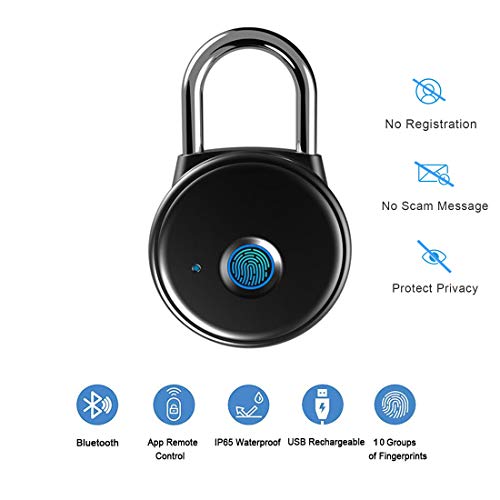 Fingerprint Padlock, Smart Padlock APP No Registration Needed, IP65 Weatherproof, Megafeis Bluetooth Lock with Keyless Biometric Suitable for Gym, Sports, Bike, School, Fence and Storage(Black)