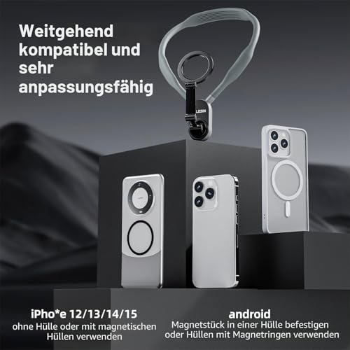 TELESIN Magnetic Neck Mount for Phones, Neck Phone Holder POV/Vlog Selfie Holder Hand Free Phone Neck Mount Chest Tripod Strap Video Recording iPhone 17 16 15 14 13 12 Android (Grey)