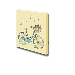 Canvas Prints Wall Art - Vintage Bicycle with Flowers, Illustration | Modern Wall Decor/Home Decoration Stretched Gallery Canvas Wrap Giclee Print. Ready to Hang - 12" x 12"