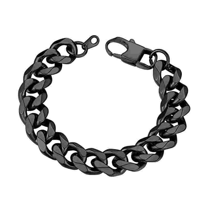 ChainsHouse Cuban Bracelets for Men Black Chain Bracelet Thick Stainless Steel Curb Chains Link Chunky Hip Hop Jewellery 12mm 19cm