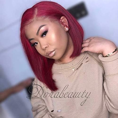 Dorabeauty Short Bob Wigs Color Burgundy #BURG Human Hair Lace Front Wigs for Black Women 130% Density 12" Inch Pre Plucked Hairline with Baby Hair