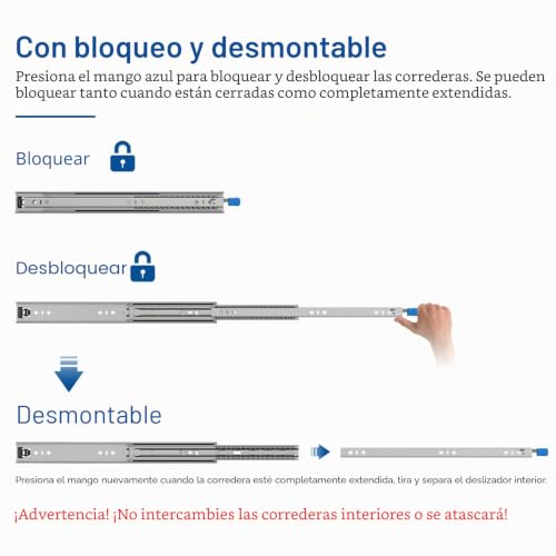 VADANIA Heavy Duty Lockable Drawer Slides 700mm #D53 | 53mm width, load up to 90kg, total extension 3 spans, ball bearings, side mount, 1 pair