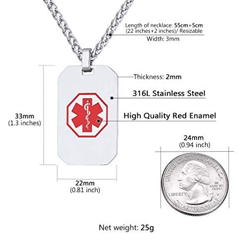 Supcare Custom Medical Alert ID Tag Necklace Jewelry Stainless Steel for Women/Men/Kids, Medical Emergency Identification Dog Tag Necklace Jewelry