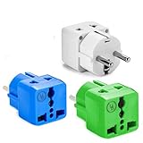 Yubi Power Grounded 2 in 1 Schuko Plug Adapter Type E/f for Europe, France, and More... / with Two Universal Plug in Ports /Grounded - Ce Certified - Rohs Compliant--3 Pack Blue,Green,White