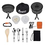 Bisgear 16Pcs Camping Cookware Stove Carabiner Canister Stand Tripod Folding Spork Set Outdoor Camping Hiking Backpacking Non-Stick Cooking Picnic Knife Spoon Wine Opener