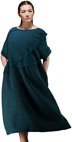 OUTLINE Women's Vintage Bohemian Half Sleeve Plus Linen Cotton Dress Blue S