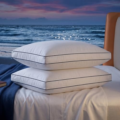 zibroges Down Pillows Queen Size Set of 2, Luxury Hotel Collection Gusseted Bed Pillow for Sleeping, Soft and Fluffy Support, Cotton Cover, Breathable, for Side, Back and Stomach Sleepers