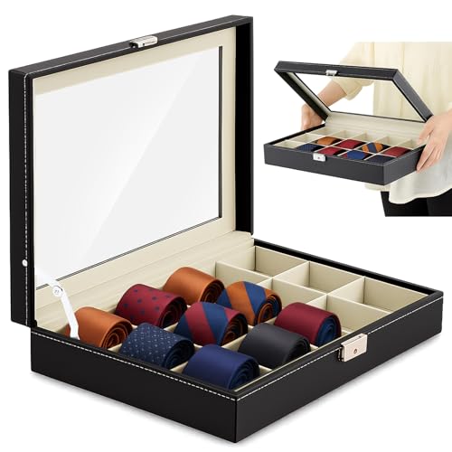 AceOrbit PU Leather Tie Display Case with 15 Compartments, Tie Organizer Storage Box for Men's Accessories, Black Luxury Collection Case for Father's Day Valentine's Gift
