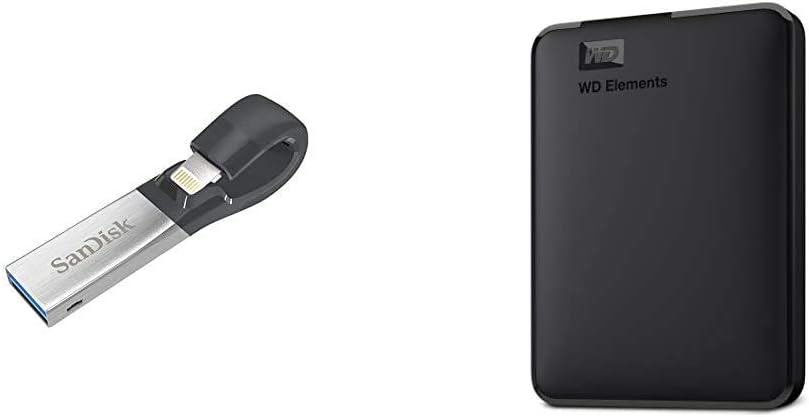 SanDisk 128GB iXpand Flash Drive for iPhone and iPad - SDIX30C-128G-GN6NE & WD 2TB Elements Portable External Hard Drive, USB 3.0, Compatible with PC, Mac, PS4 & Xbox - WDBU6Y0020BBK-WESN