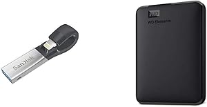 SanDisk 128GB iXpand Flash Drive for iPhone and iPad - SDIX30C-128G-GN6NE & WD 2TB Elements Portable External Hard Drive, USB 3.0, Compatible with PC, Mac, PS4 & Xbox - WDBU6Y0020BBK-WESN