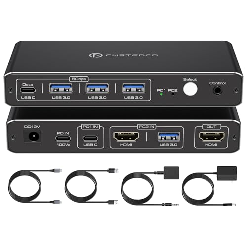 Fquanmap Hdmi Kvm Switch 2 Pc 1 Monitore 4K@60Hz Usb C Kvm Switch Hdmi 2 Port Für 1 Laptop 1 Desktop Share 1 Monitor Tastatur Maus Festplatten Drucker Support 100W Laden Für Laptop