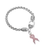 Pink Crystal Stone Breast Cancer Awareness Ribbon Charm Lobster Clasp Bracelet for Women