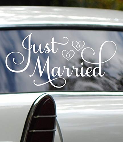 Just Married Car Decal, Wedding Day Car Decorations, White 24"Wx12"H, Just Married Window Sticker