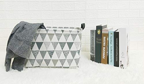 TIBAOLOVER Square Natural Linen & Cotton Fabric Storage Bin Handles organizing Kids Toy/Playroom Organization/Toy Bin/Closet/Shelf Baskets/Baby Hamper (Triangle Pattern-Grey)