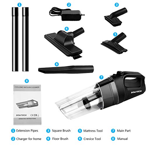 Cordless Vacuum Rechargeable Cyclonic Suction Vacuum Cleaner Lightweight Handheld Vacuum with Stainless Steel Filter (Bagless) and 6 of Accessories - Black