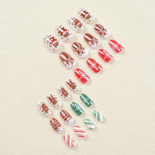 Christmas Press on Nails Short Almond Fake Nails with Gingerbread Man Designs Nails Press Ons Snowflake Glue on Nails Full Cover False Nails Christmas Acrylic Nails for Women 24Pcs - Image 4