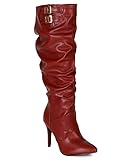 Breckelles BE53 Women Leatherette Slouchy Pointy toe Calf High Mid Stiletto Heel Riding Boot - Red