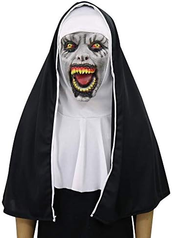 Finmind Halloween Scary Horrible Nun Cosplay Masquerade Mask, Face Zombies Mask Terror Head Mask Party With Wimple Costume for Party (Scary Nun) Mask