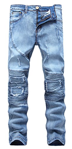 Men's Blue Biker Moto Distressed Patched Fashion Skinny Slim Fit Denim Jeans